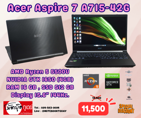 Acer Aspire 7 A715-42G Ryzen 5 5500U GTX1650 จอ15.6นิ้ว144Hz
